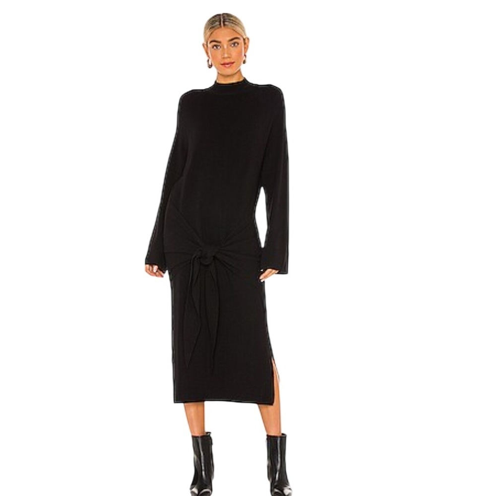 SNDYS Womens S Tied Up Ribbed Long Sleeve Midi Sweater Dress Black Mock Neck